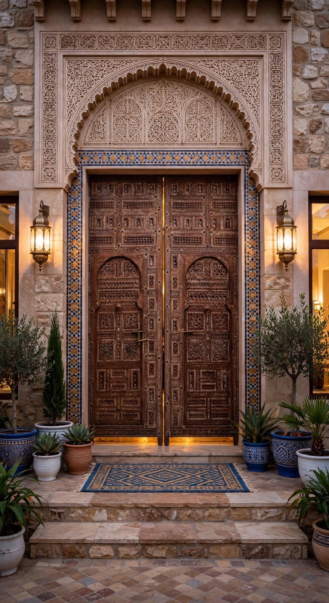 Authentic Moroccan Hand-Carved Cedar Double Doors – 95" W x 118" H Entryway Panels