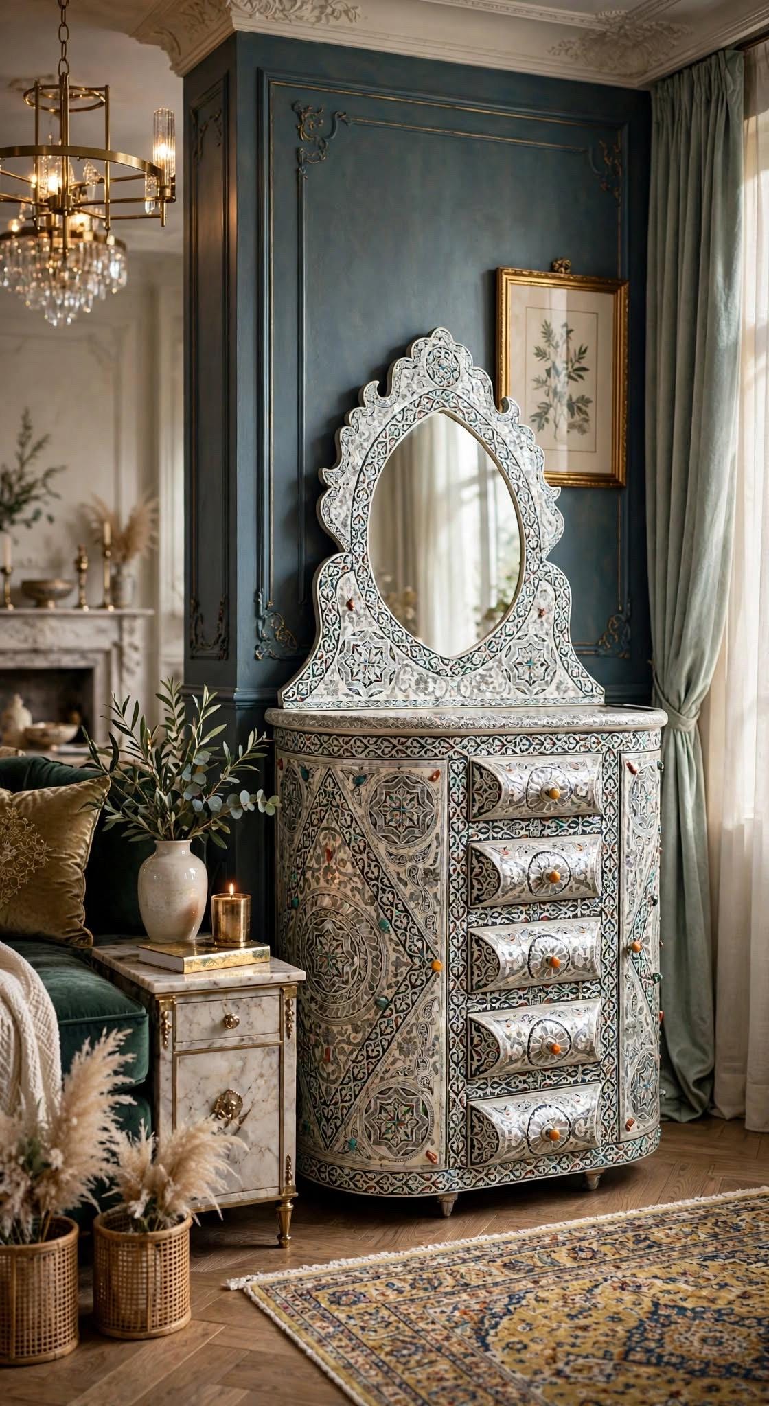 Vintage Moroccan Bone Inlay Vanity, Semi-Precious Stone Cabinet with Mirror