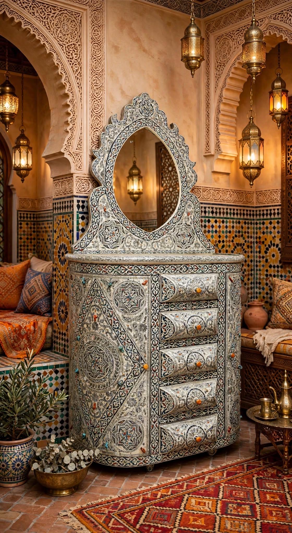 Vintage Moroccan Bone Inlay Vanity, Semi-Precious Stone Cabinet with Mirror