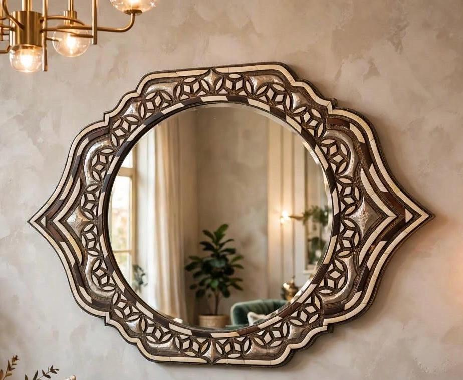 Handmade Moroccan Mirror: Camel Bone Inlay, Moorish Design (34x31)