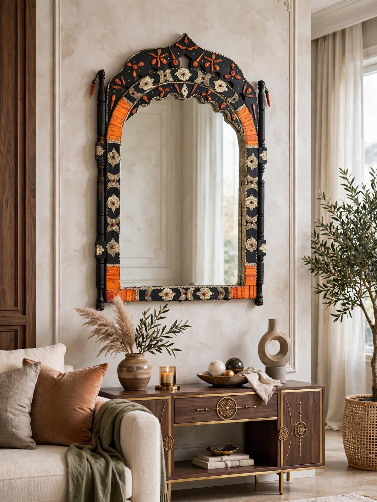Handmade Moroccan Inlay Bone Mirror: Moorish Arch Design, 42" x 26"