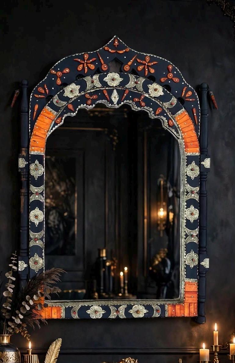 Handmade Moroccan Inlay Bone Mirror: Moorish Arch Design, 42" x 26"