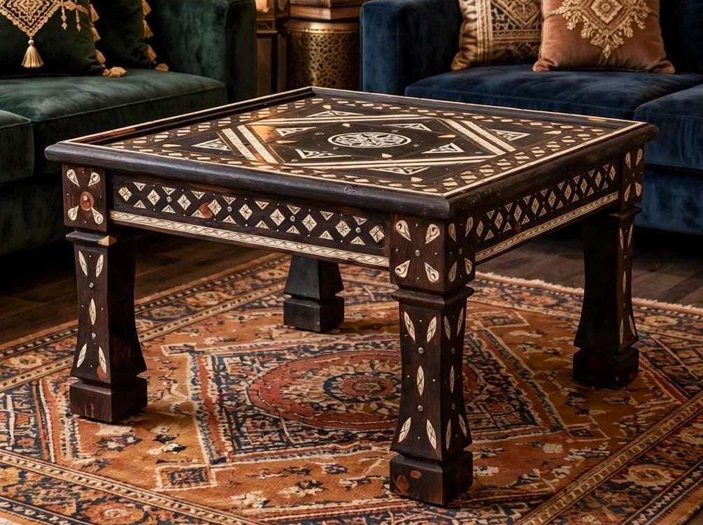 Bone Inlay Moroccan Wooden Table: 29" Square, Handmade