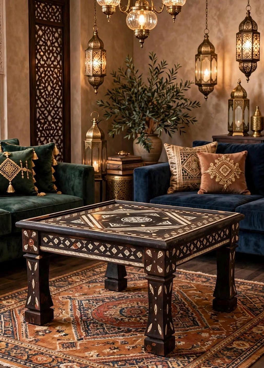 Bone Inlay Moroccan Wooden Table: 29" Square, Handmade