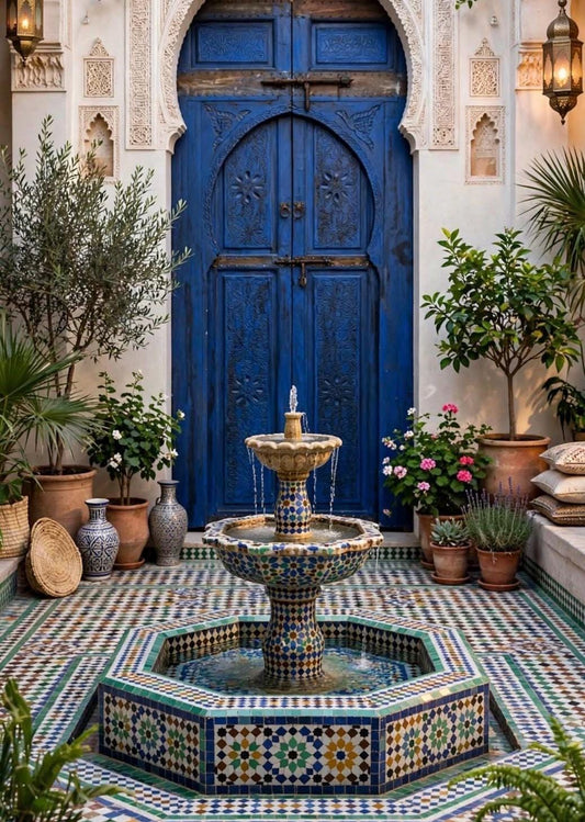 Handmade Moroccan Blue Double Door: Vintage Moorish Cedar Artwork