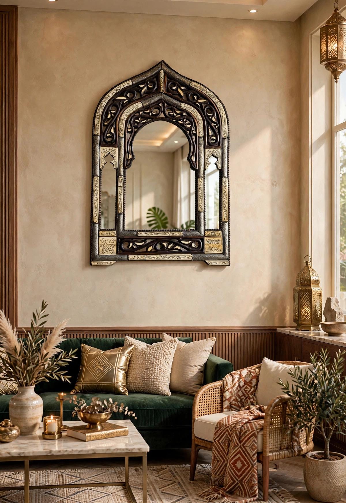 Handmade Moorish Arch Mirror, Camel Bone Inlay, Moroccan Decor