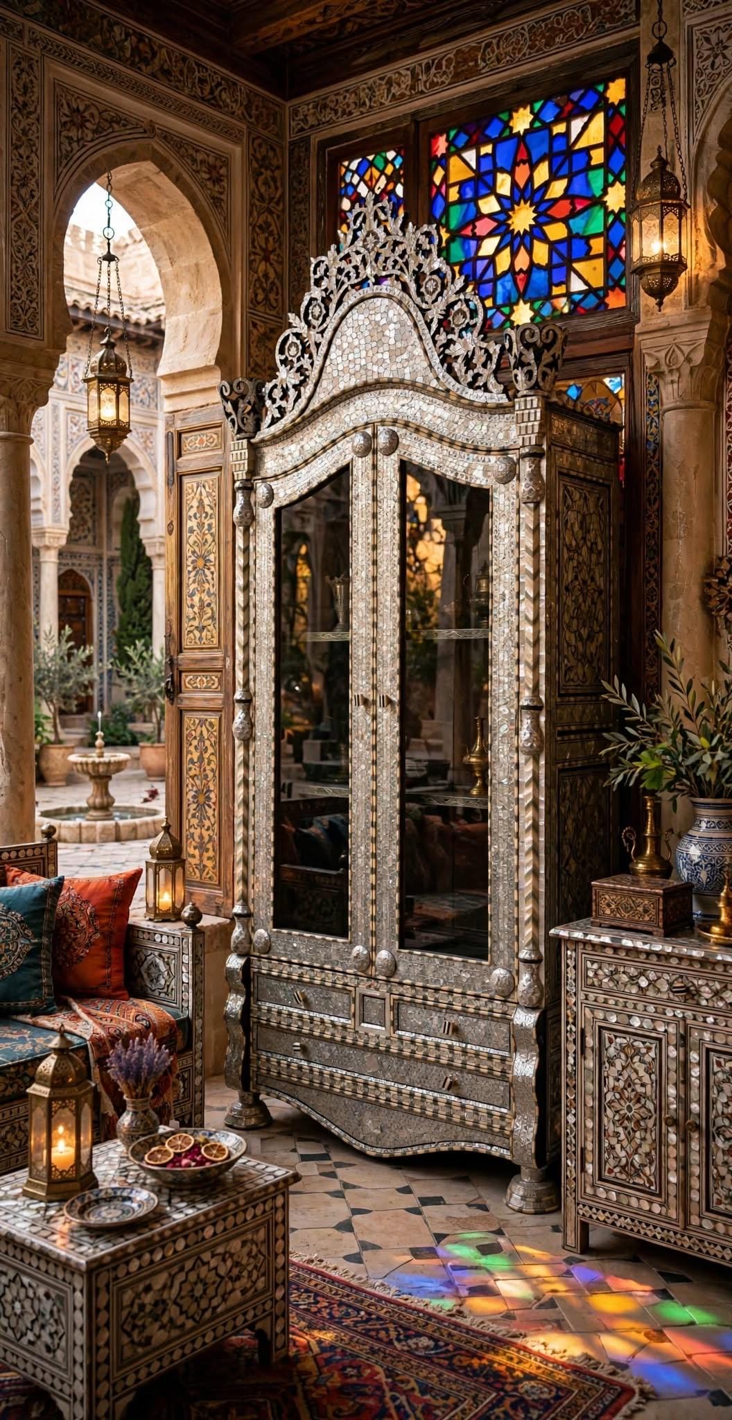 Handmade Moroccan Armoire, White Mother of Pearl Inlay, Syrian Bone Chest