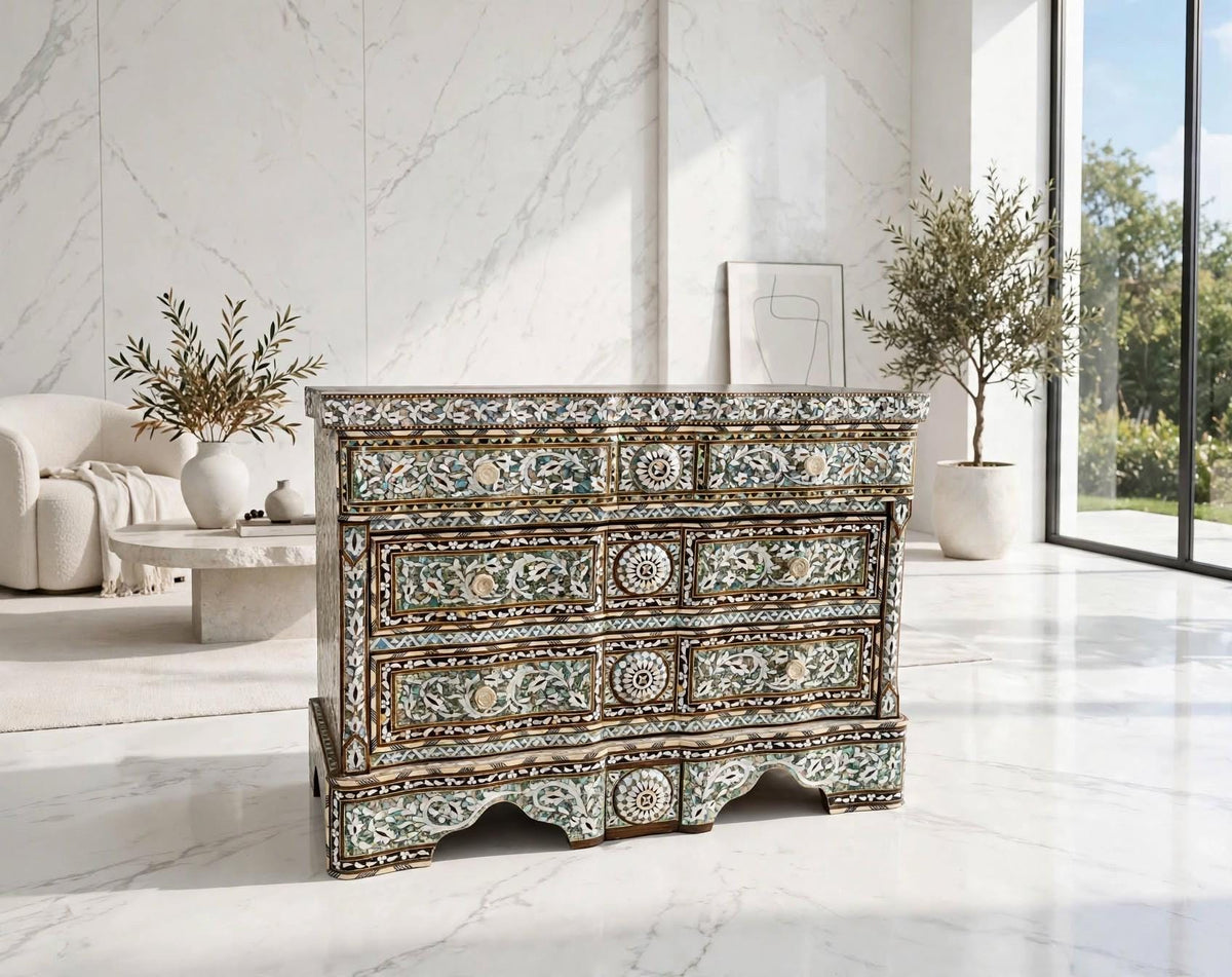 Vintage Syrian Dresser: Green Abalone, Mother of Pearl Inlay, Marble Top