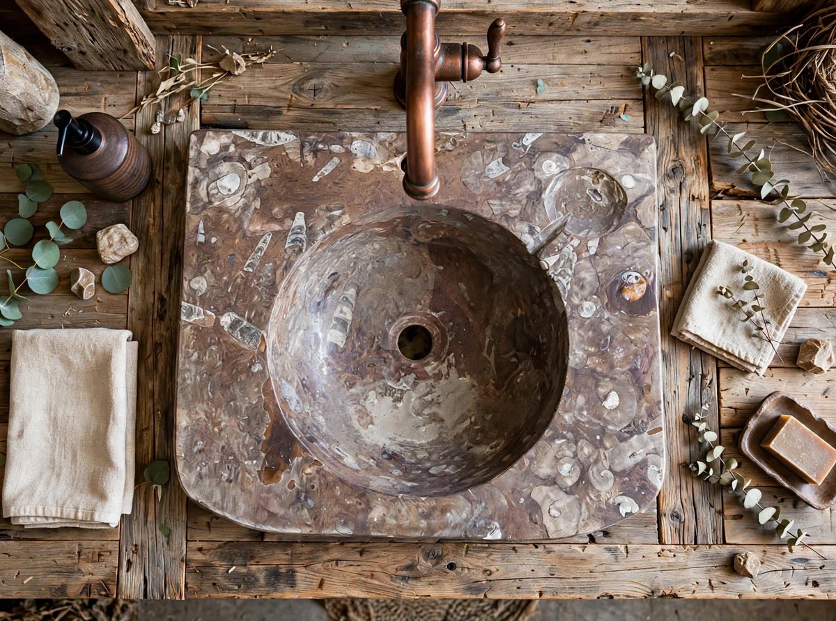 Moroccan Sahara Fossil Marble Sink: One-of-a-Kind Stone Rissani Vessel