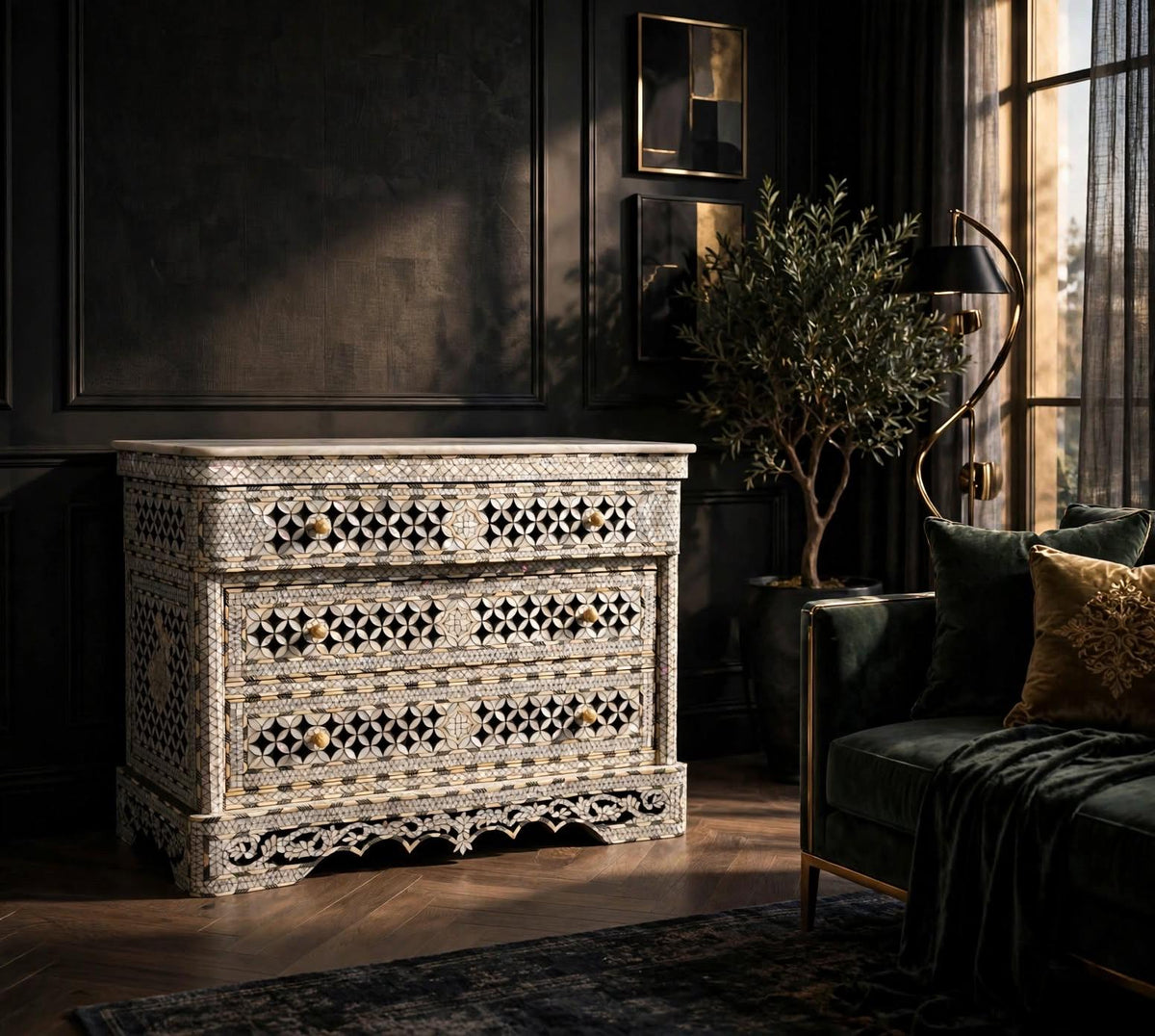 Vintage Syrian Mother of Pearl Inlaid Dresser, Moroccan Bone Chest