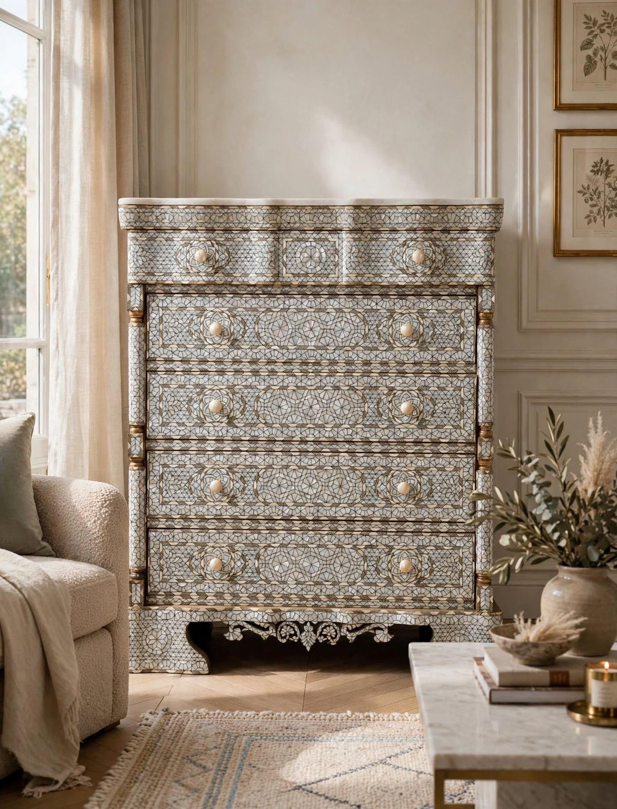 Handcrafted Syrian Mother of Pearl Inlaid Chest of Drawers, Bone Inlay, Marble Top