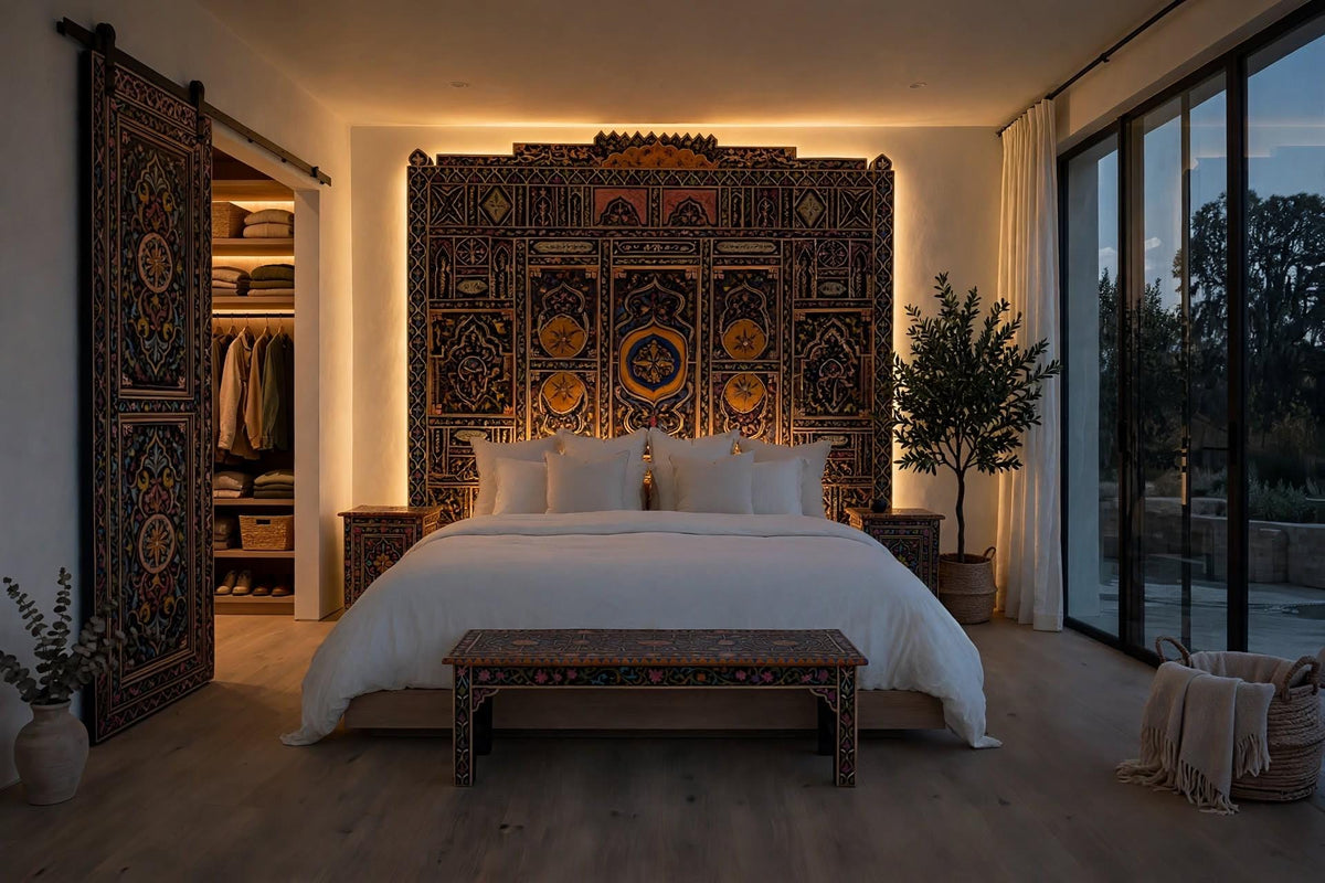 Hand-Painted Moroccan Headboard Bed | Rare Moorish Bed