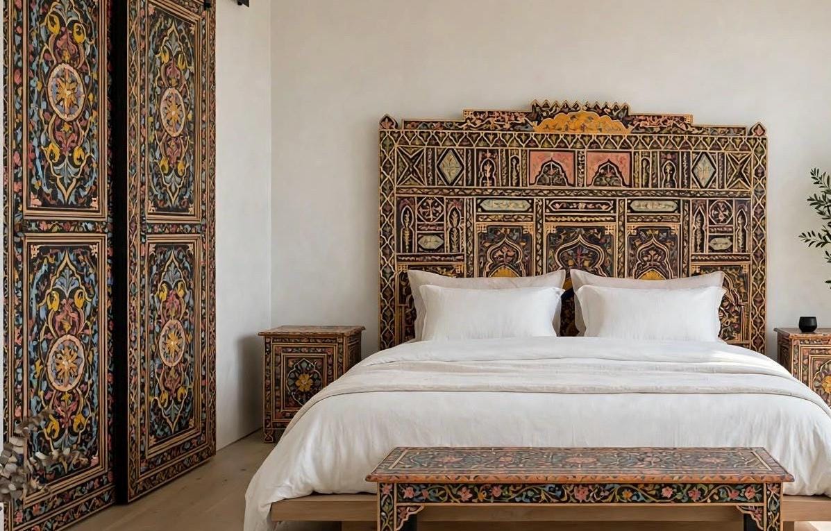 Hand-Painted Moroccan Headboard Bed | Rare Moorish Bed