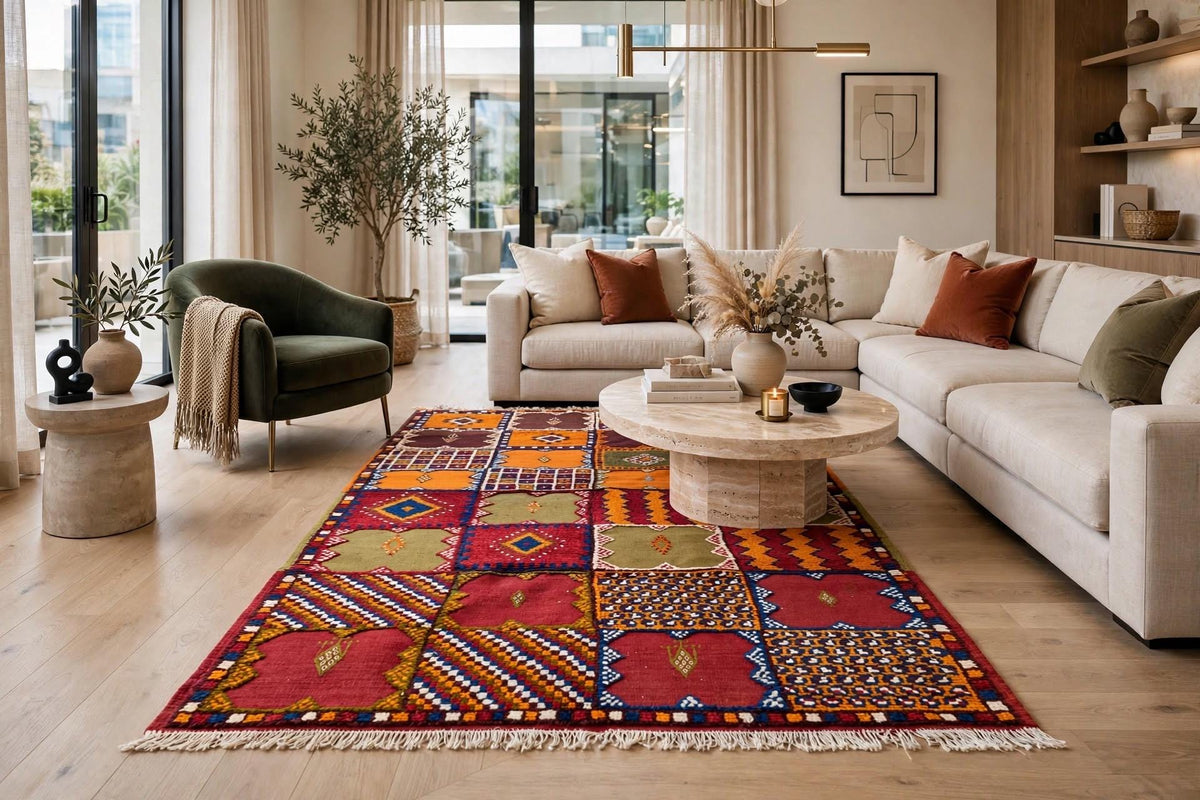 Handwoven Taznakht Berber Patchwork Rug | Vintage Carpet (86" x 47")
