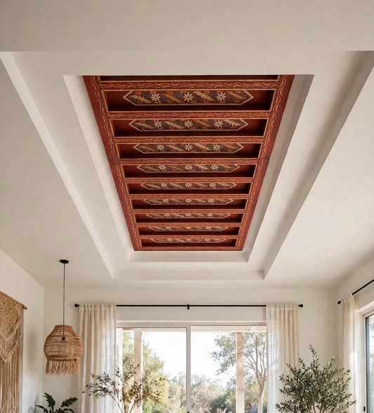Hand Painted Moroccan old riad Wooden Ceiling Panel, Vintage Architectural Decor (92" x 51")