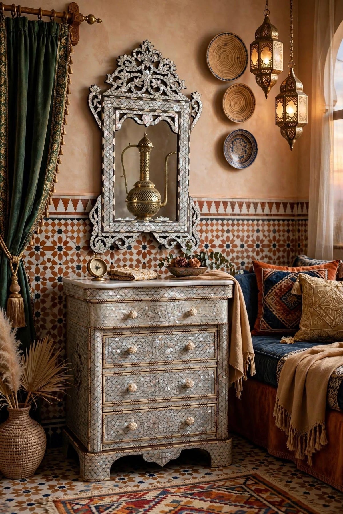 Handmade Mother of Pearl Inlay Nightstand with Mirror, Syrian Moroccan Decor