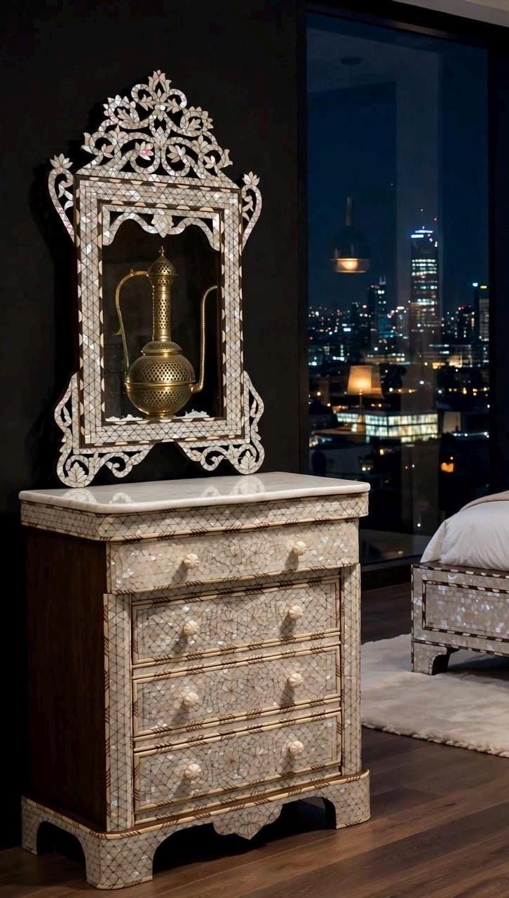 Handmade Mother of Pearl Inlay Nightstand with Mirror, Syrian Moroccan Decor