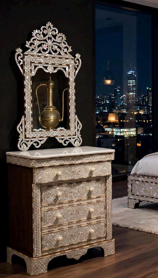 Handmade Mother of Pearl Inlay Nightstand with Mirror, Syrian Moroccan Decor