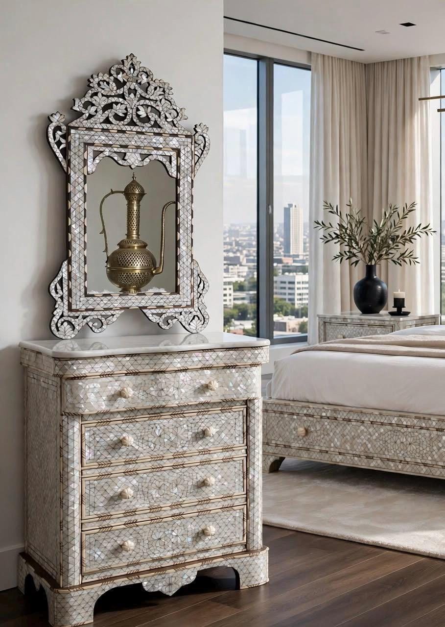Handmade Mother of Pearl Inlay Nightstand with Mirror, Syrian Moroccan Decor