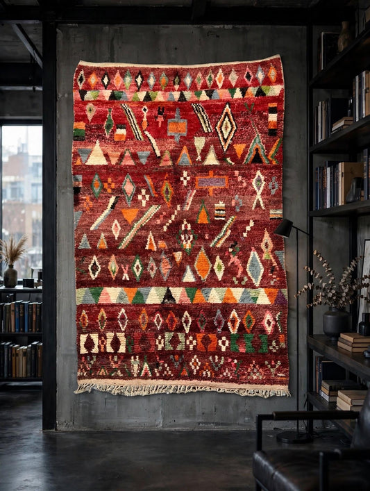 Boojaad Vintage Berber Rug, Moroccan Carpet for Living Room | Colorful abstract geometric rug