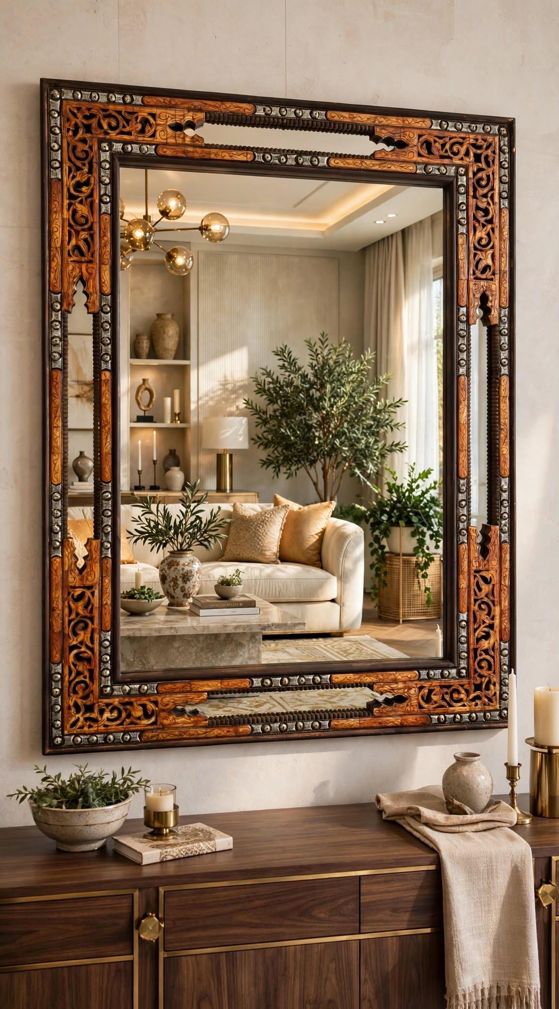 Handmade Moroccan Bone Inlay Mirror, Moorish Arches Design (62.5" x 46.5")