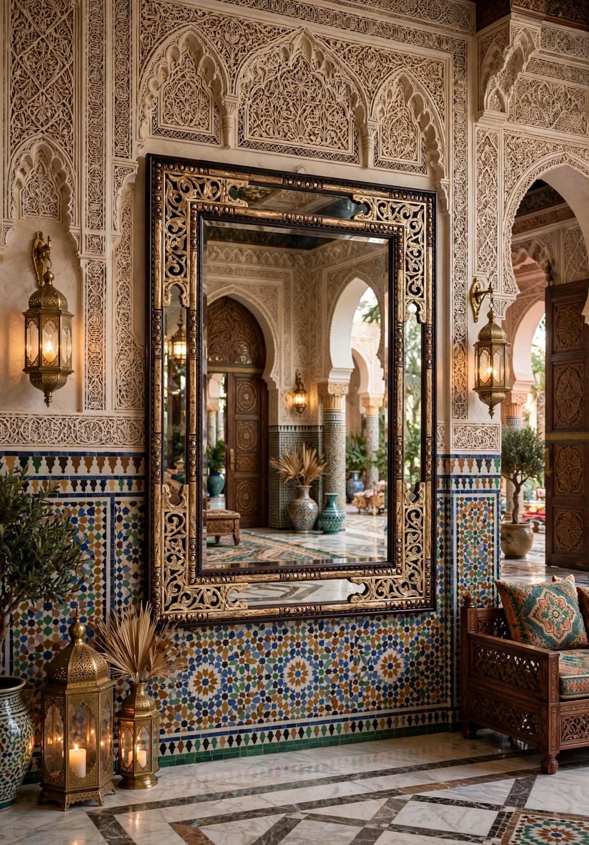 Moroccan Camel Bone Inlay Mirror, Moorish Design, Handcrafted Wood Frame (62.5 x 46.5)