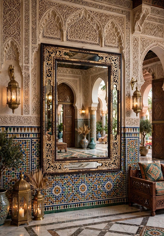 Moroccan Camel Bone Inlay Mirror, Moorish Design, Handcrafted Wood Frame (62.5 x 46.5)