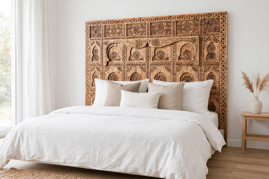 Vintage african Bed Headboard: Handcarved Moroccan Door Headboard | Bohemian Bedroom Decor