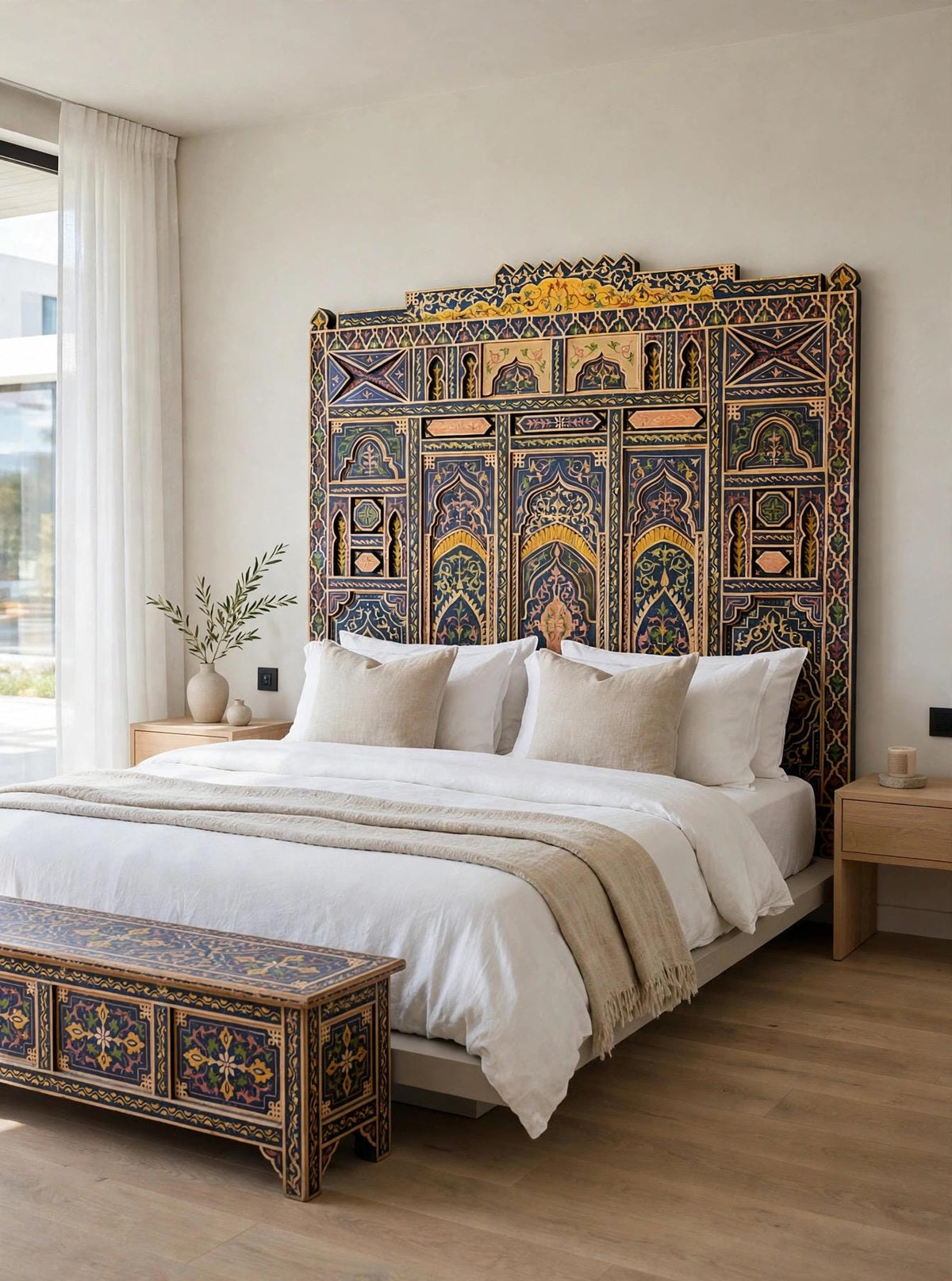 Hand-Painted Moroccan Headboard Bed | Rare Moorish Bed