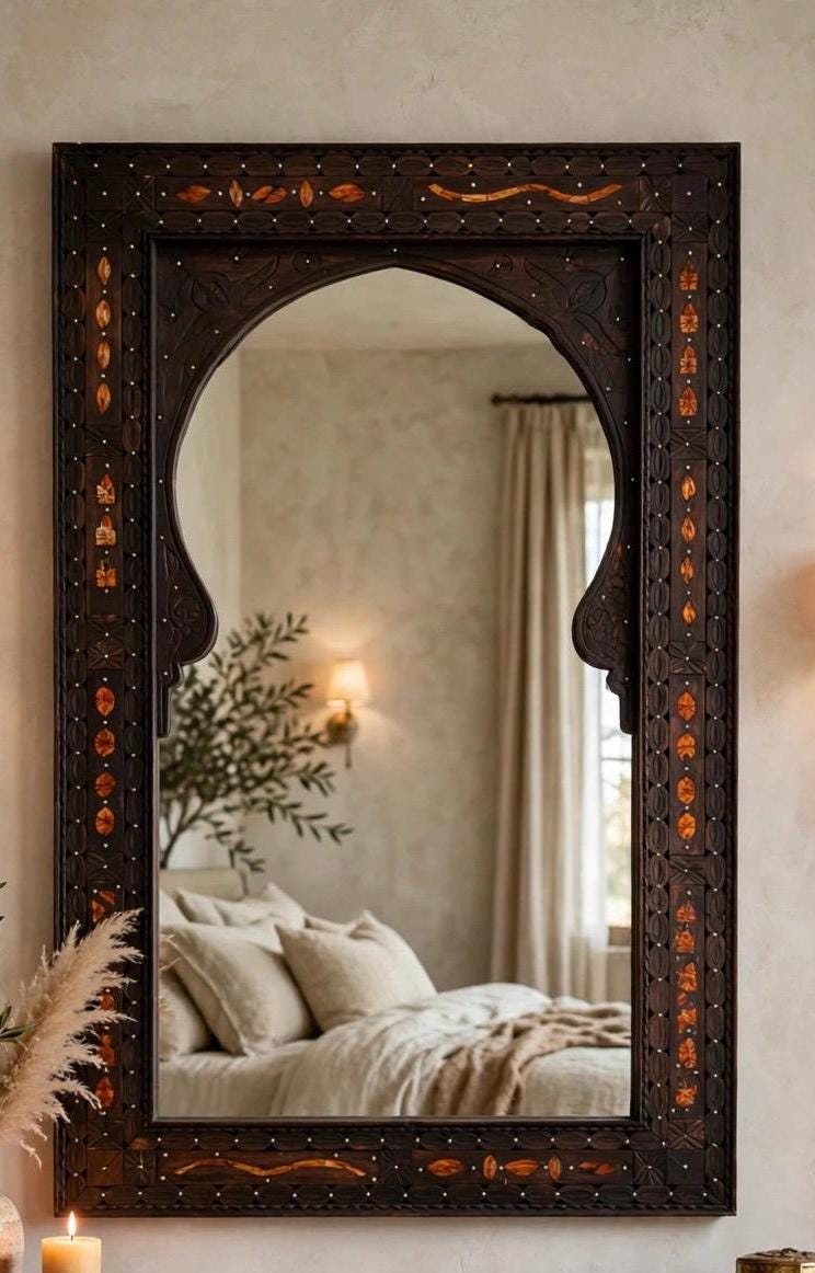 Handmade Moroccan Bone Inlay Mirror: Berber Silver Metal Decor