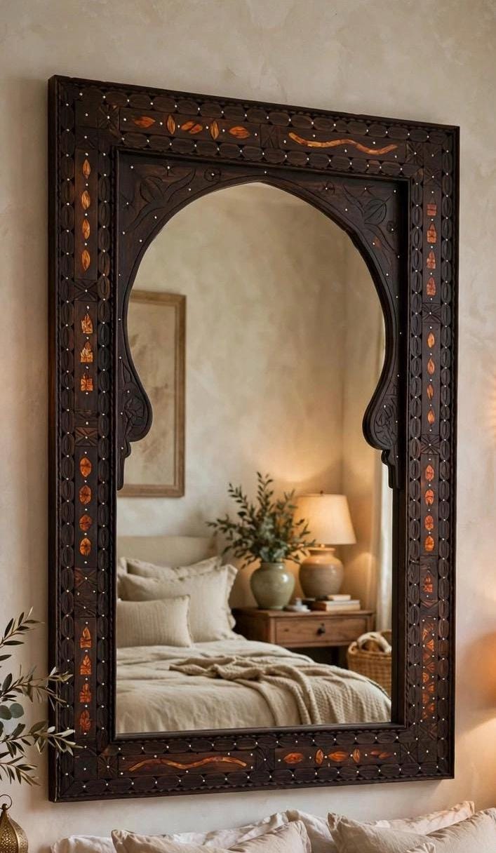 Handmade Moroccan Bone Inlay Mirror: Berber Silver Metal Decor