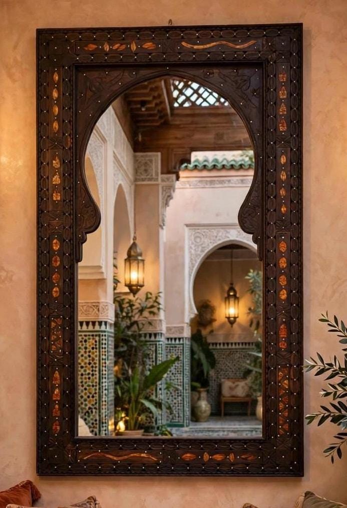 Handmade Moroccan Bone Inlay Mirror: Berber Silver Metal Decor