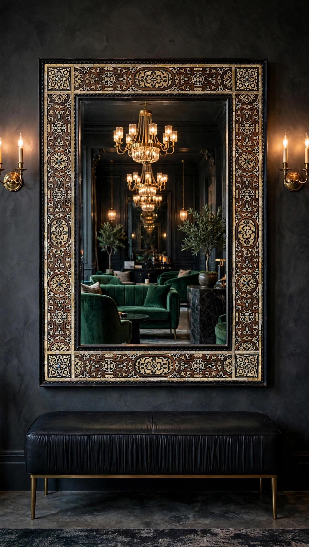Large Hand-Carved Bone Inlay Mirror: Moroccan Floral Wall Art (68"x44")