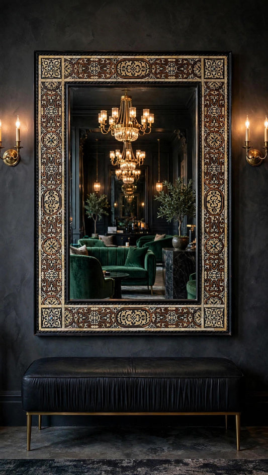Large Hand-Carved Bone Inlay Mirror: Moroccan Floral Wall Art (68"x44")