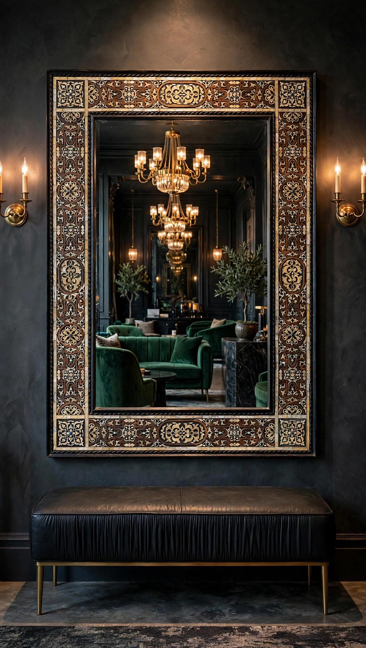 Large Hand-Carved Bone Inlay Mirror: Moroccan Floral Wall Art (68"x44")