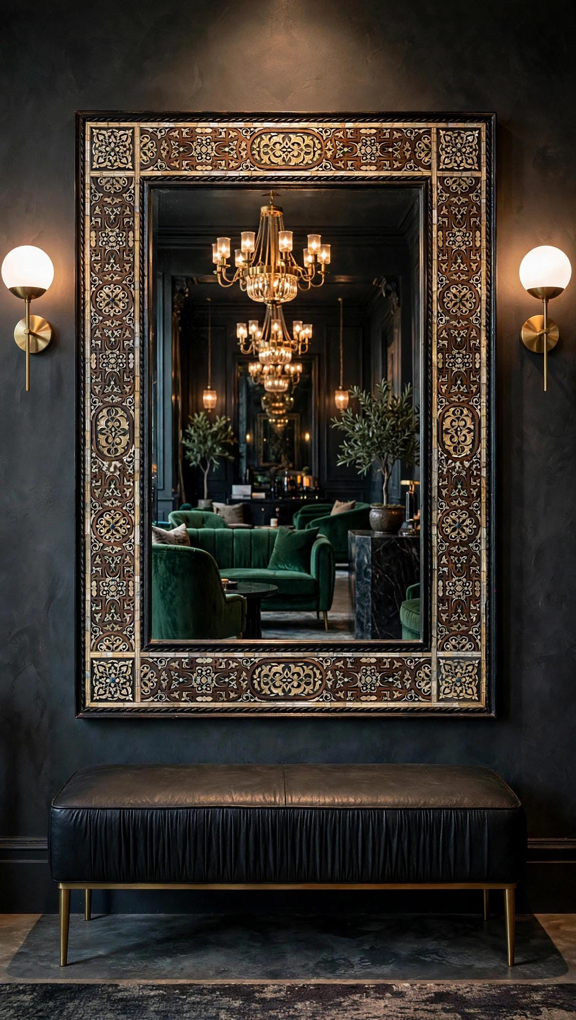 Large Hand-Carved Bone Inlay Mirror: Moroccan Floral Wall Art (68"x44")