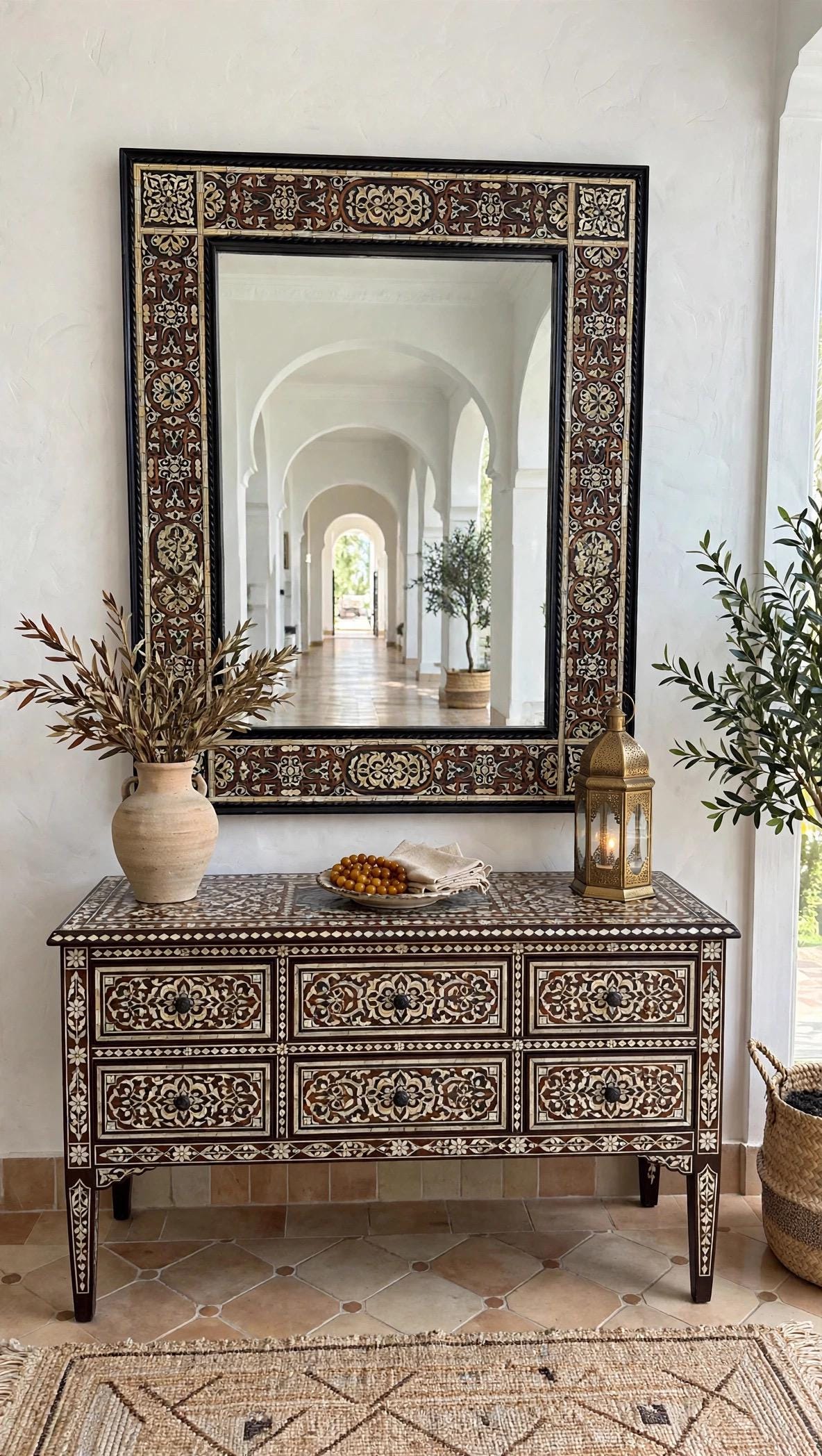Large Hand-Carved Bone Inlay Mirror: Moroccan Floral Wall Art (68"x44")