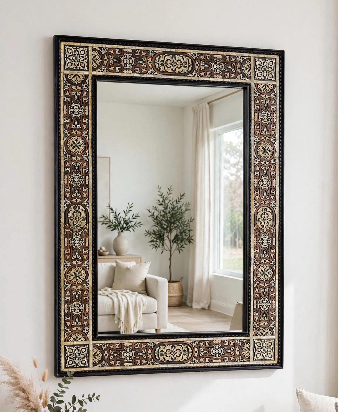 Large Hand-Carved Bone Inlay Mirror: Moroccan Floral Wall Art (68"x44")