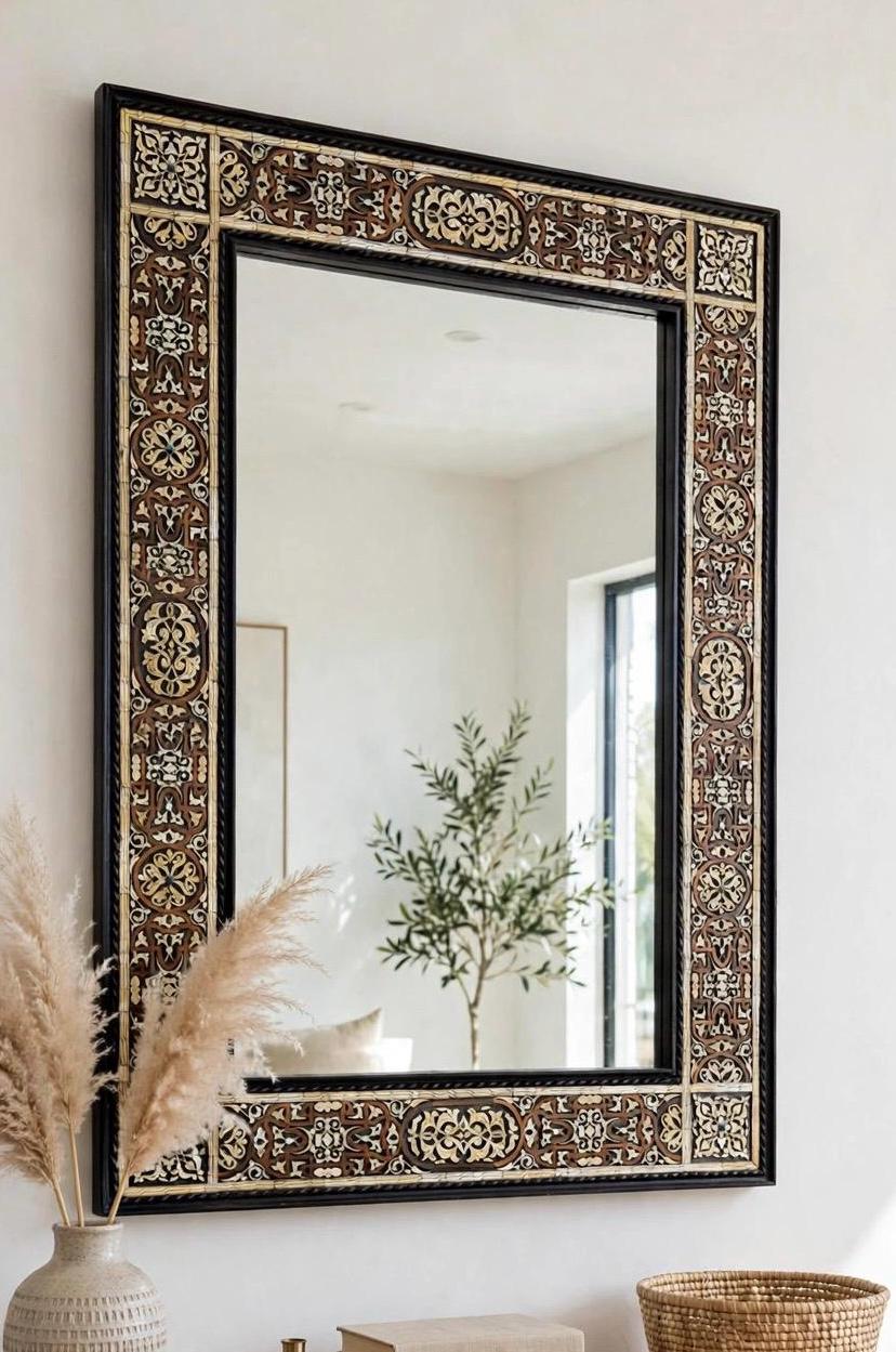 Large Hand-Carved Bone Inlay Mirror: Moroccan Floral Wall Art (68"x44")