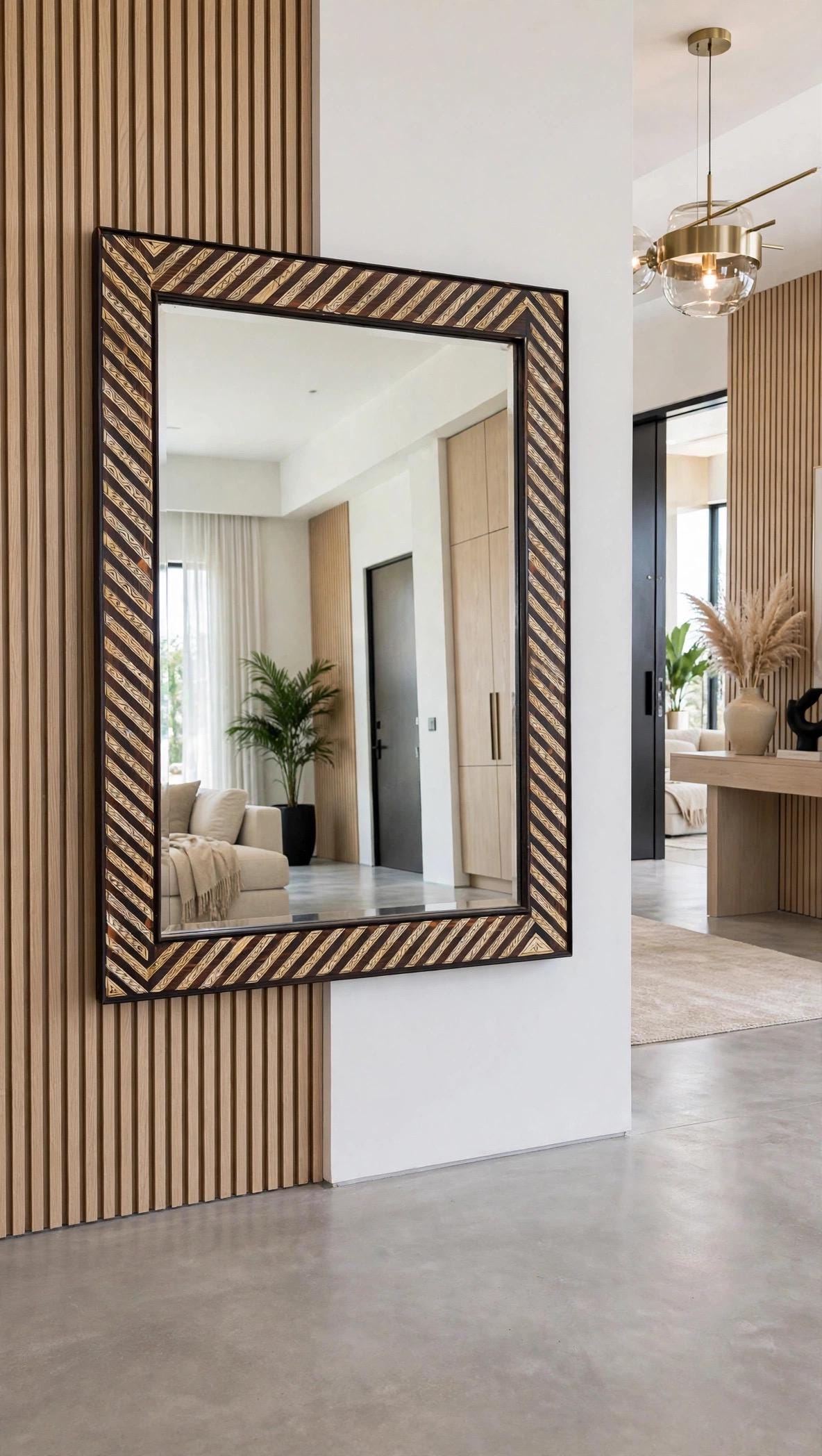 Handcrafted Moroccan Bone Inlay Mirror – Geometric Striped Wooden Wall Decor