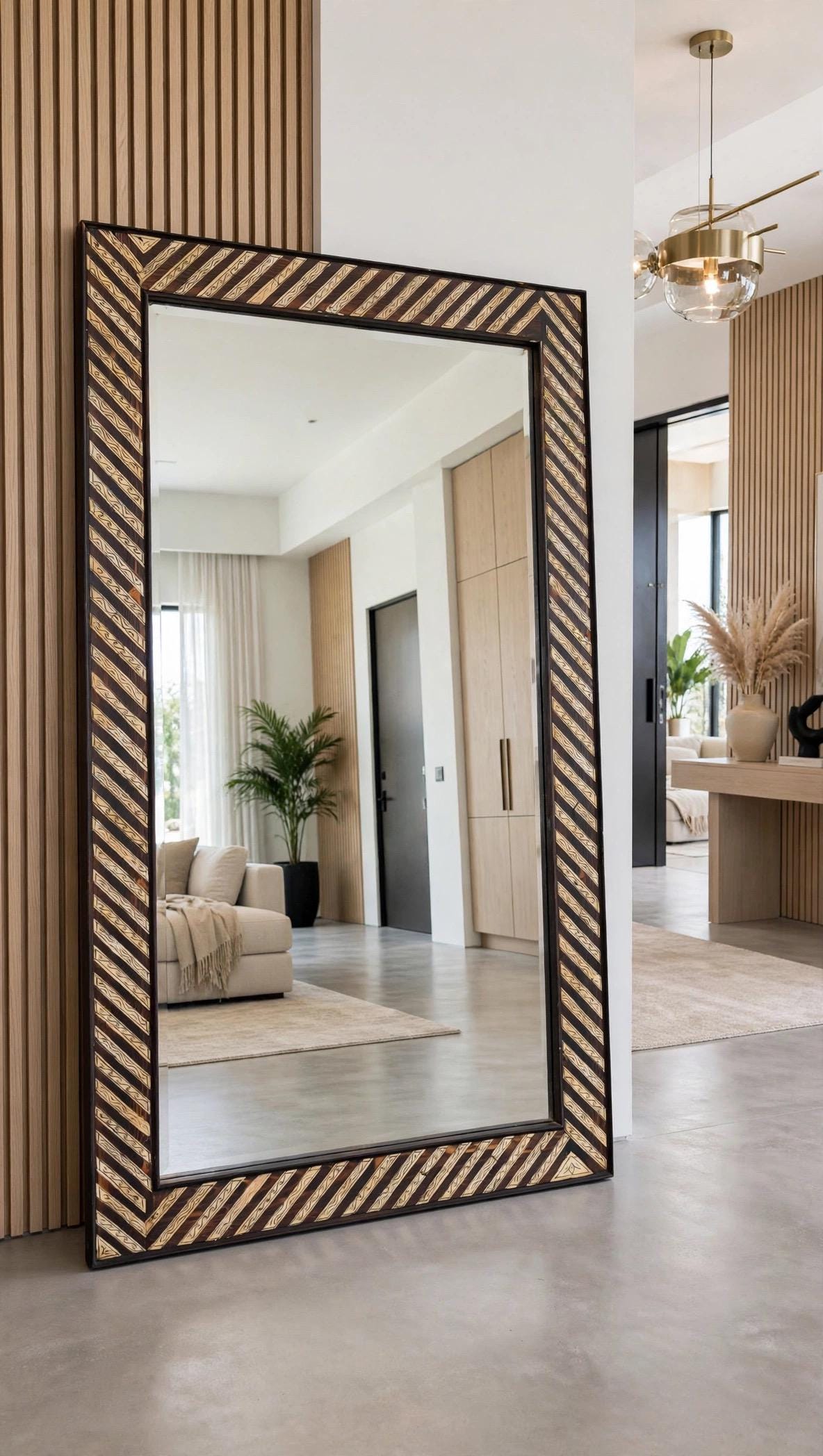 Handcrafted Moroccan Bone Inlay Mirror – Geometric Striped Wooden Wall Decor