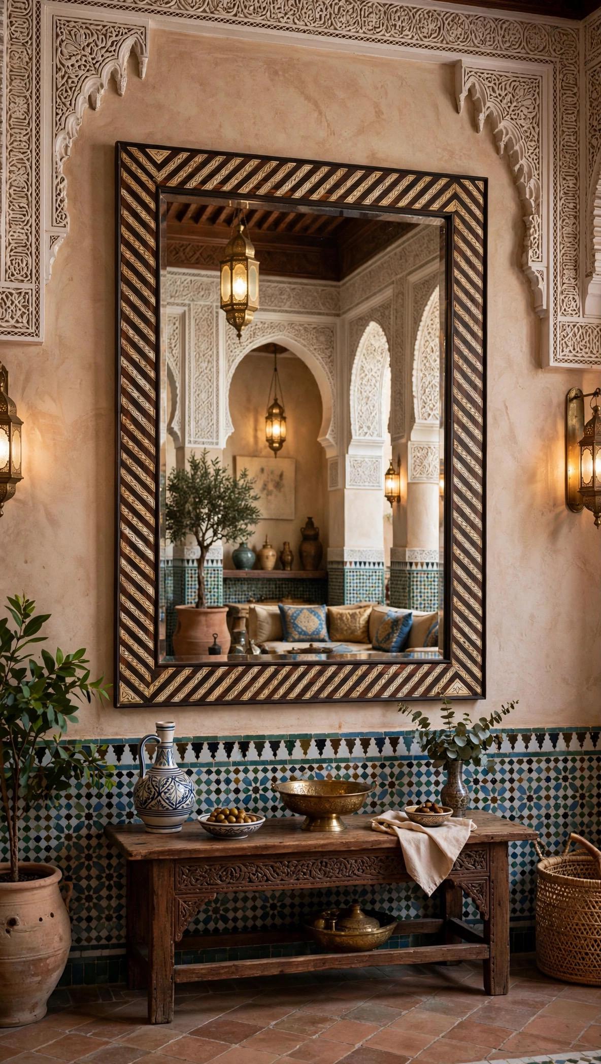 Handcrafted Moroccan Bone Inlay Mirror – Geometric Striped Wooden Wall Decor