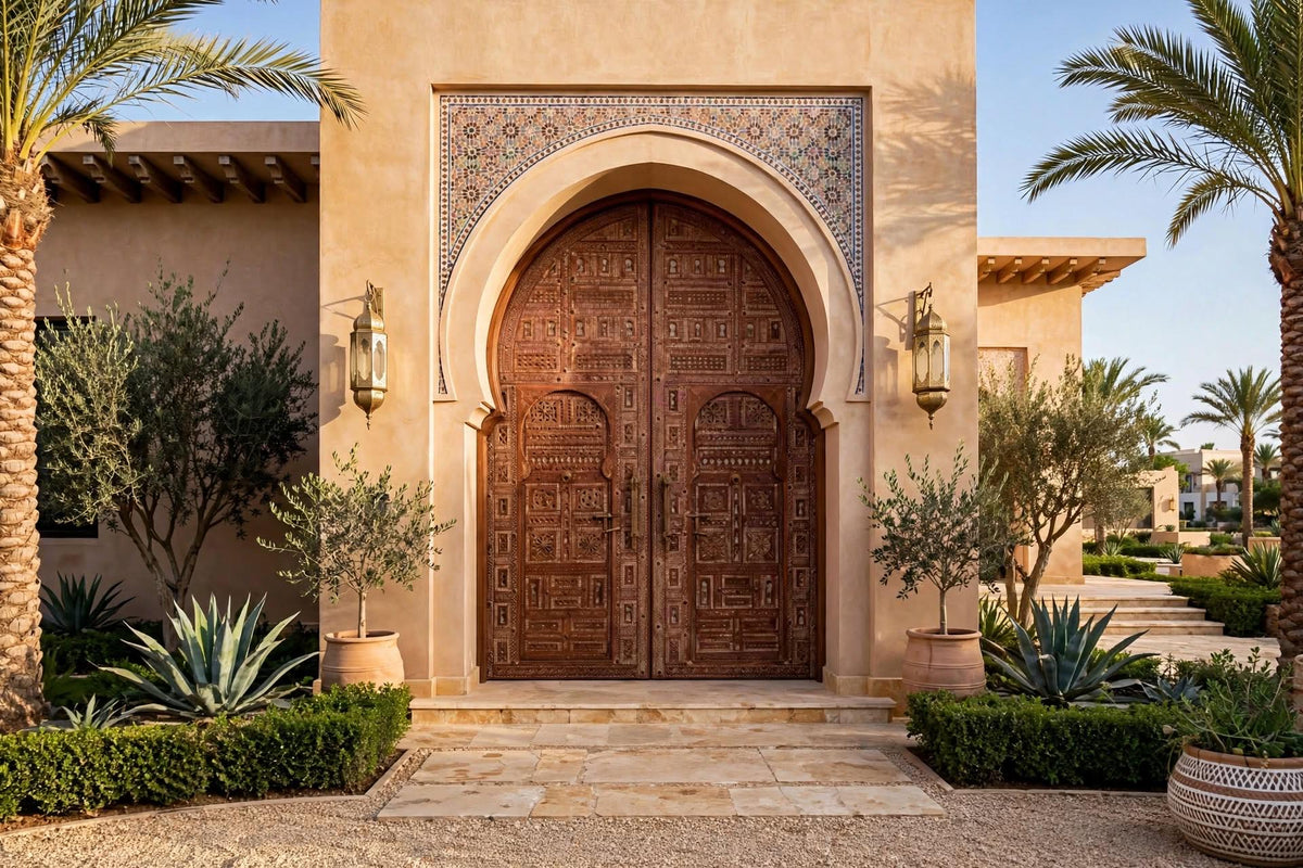 Authentic Moroccan Hand-Carved Cedar Double Doors – 95" W x 118" H Entryway Panels