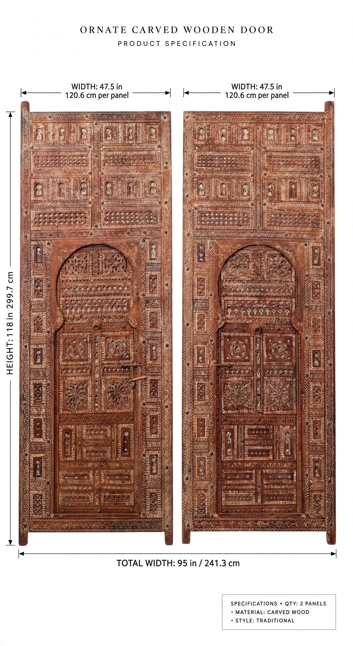 Authentic Moroccan Hand-Carved Cedar Double Doors – 95" W x 118" H Entryway Panels