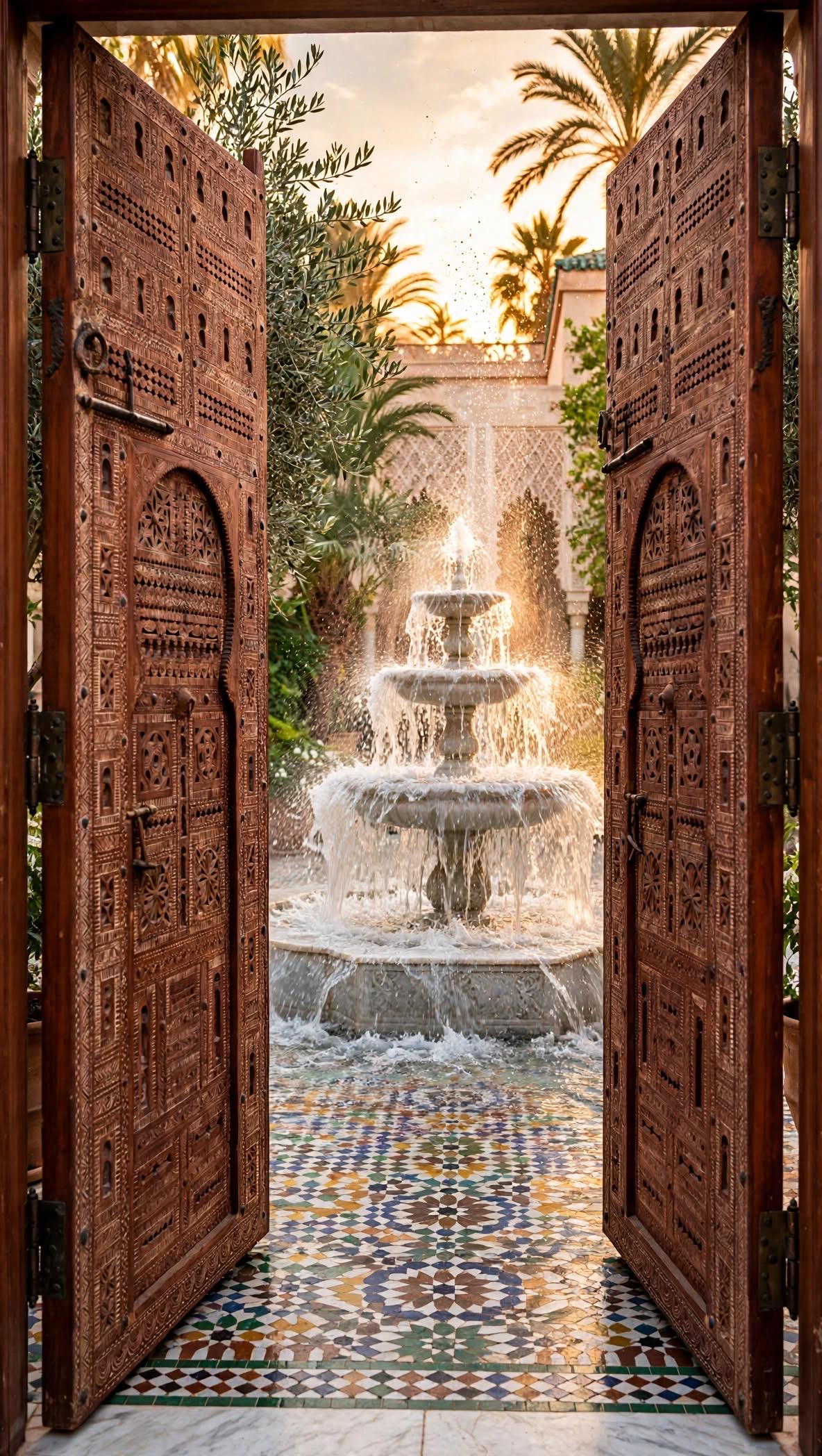 Authentic Moroccan Hand-Carved Cedar Double Doors – 95" W x 118" H Entryway Panels