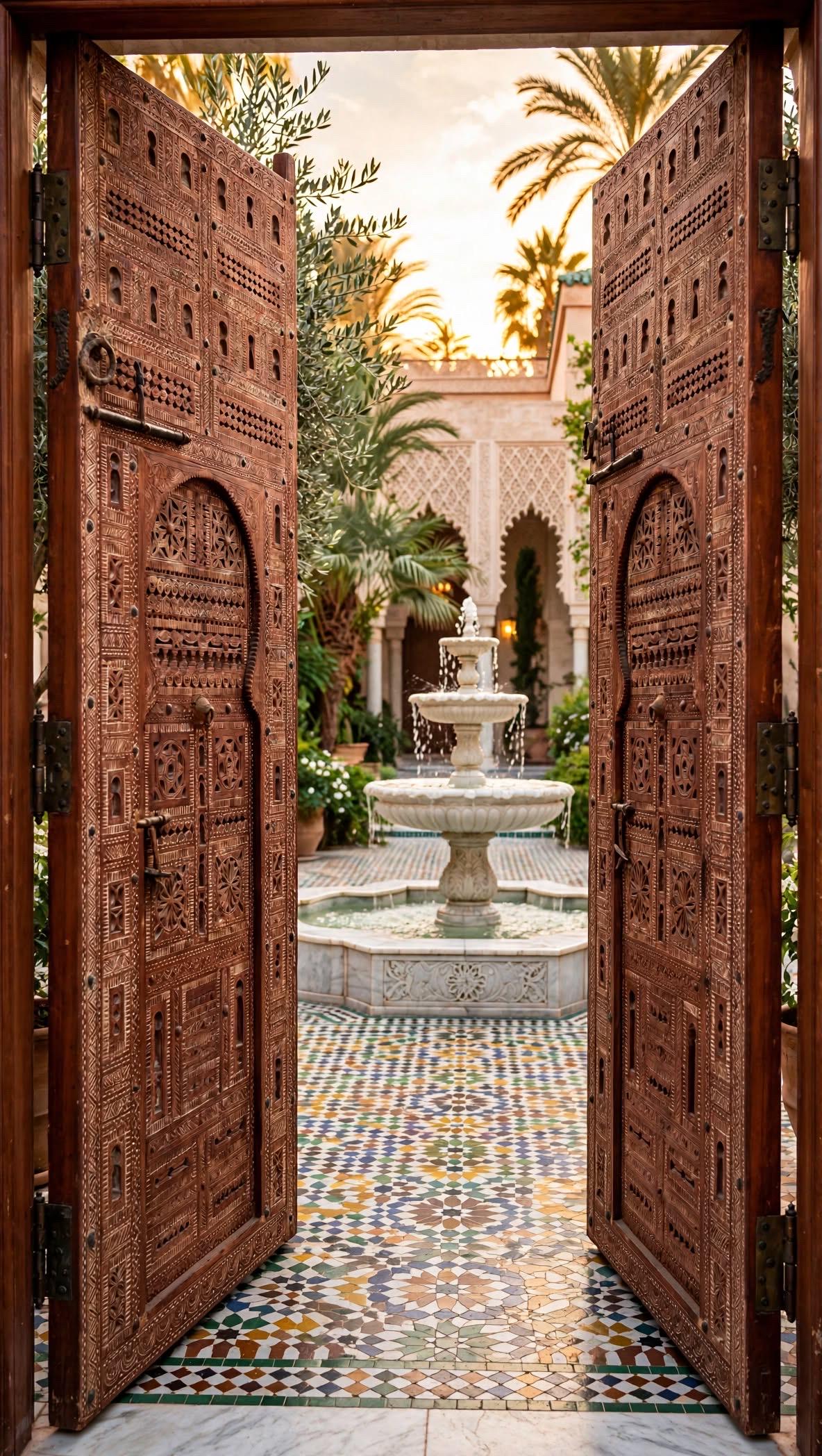 Authentic Moroccan Hand-Carved Cedar Double Doors – 95" W x 118" H Entryway Panels