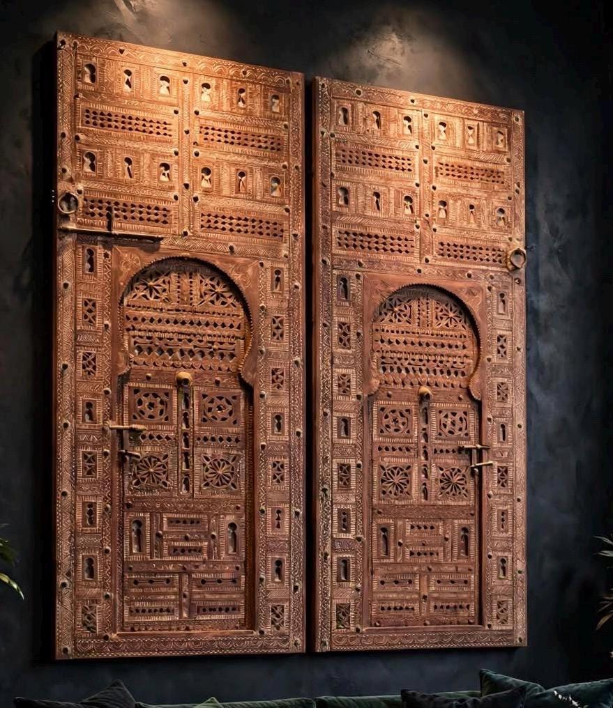 Authentic Moroccan Hand-Carved Cedar Double Doors – 95" W x 118" H Entryway Panels