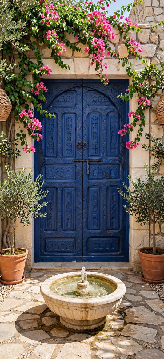 Rare vintage blue berber double Door Panel: Carved Wood Moroccan Tribal wall Art decor