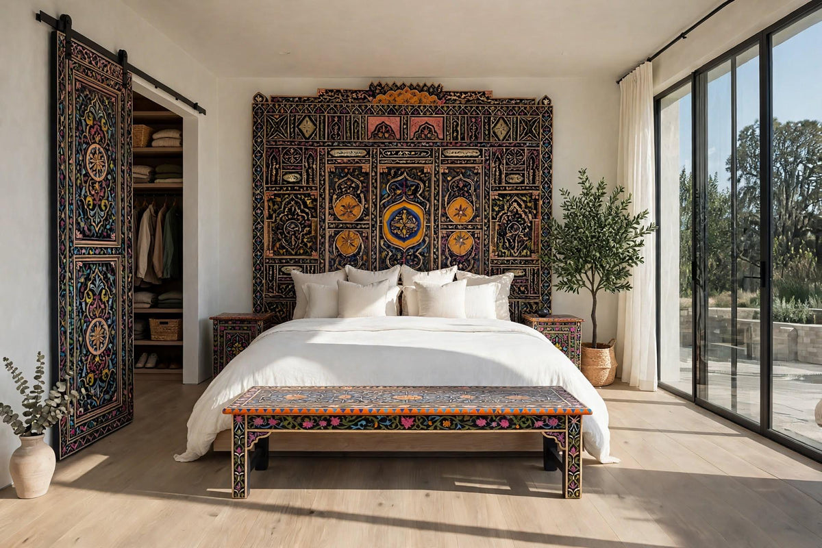 Hand-Painted Moroccan Headboard Bed | Rare Moorish Bed