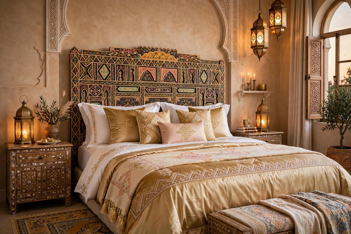 Hand-Painted Moroccan Headboard Bed | Rare Moorish Bed